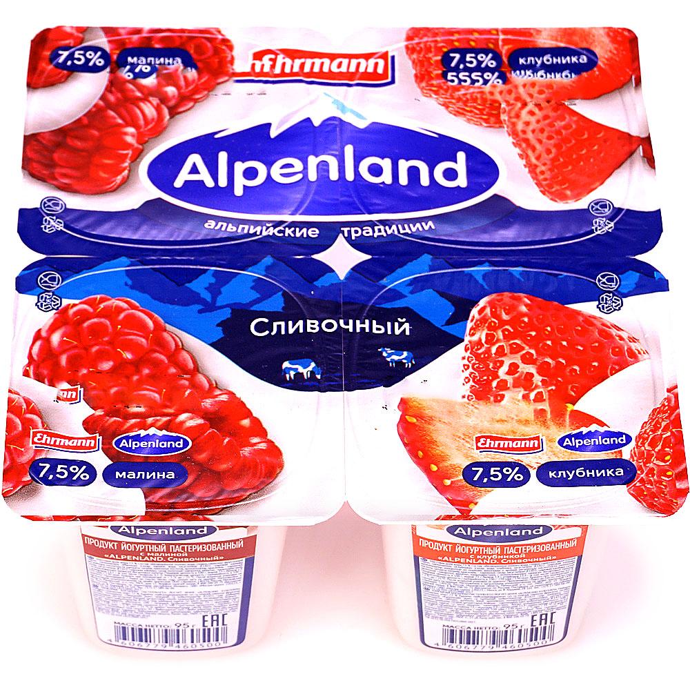 Йогуртный продукт 7,5% Малина клубника, Alpenland, 95 гр, ПЭТ