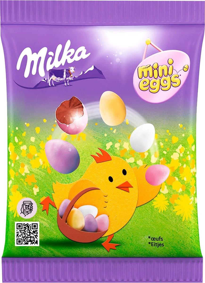 Конфеты Milka Mini Eggs молочный шоколад и разноцветная сахарная оболочка 100 гр., флоу-пак