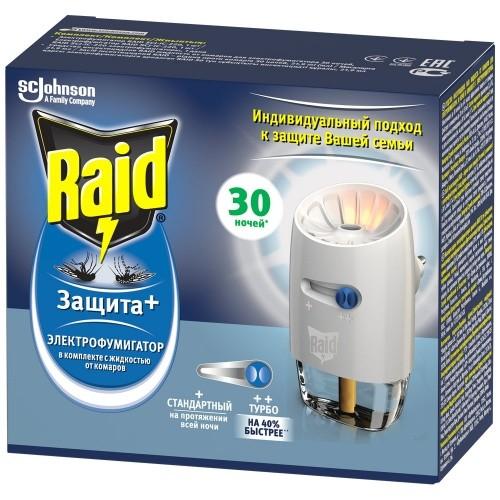 Электрофумигатор Raid защита в комплекте с жидкостью от комаров с регулятором интенсивности 30 ночей, картон