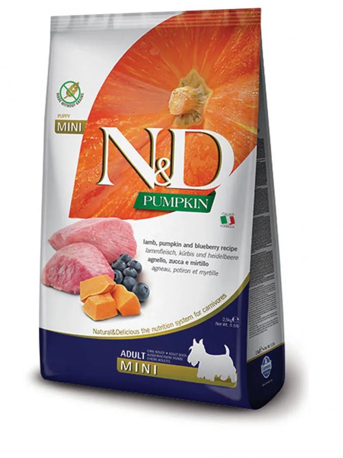 Корм Farmina сухой беззерновой N AND D Pumpkin Adult Mini, с ягненком, черникой и тыквой для собак мелких пород, 2,5 кг., флоу-пак