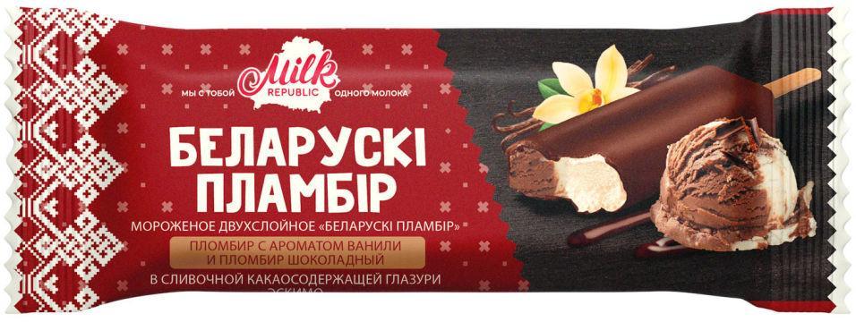 Мороженое эскимо Белорусский пломбир двухслойное ванильное и шоколадное в шоколадной глазури 80 гр., флоу-пак