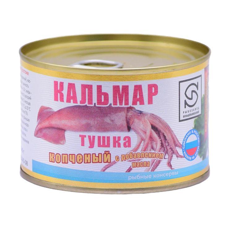 Кальмар Рыбозавод Большекаменский тушка копченый с добавлением масла № 6 322 гр., ж/б