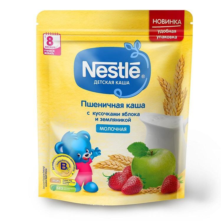 Каша Nestle молочная пшеничная с яблоком и земляникой 220 гр., дой-пак