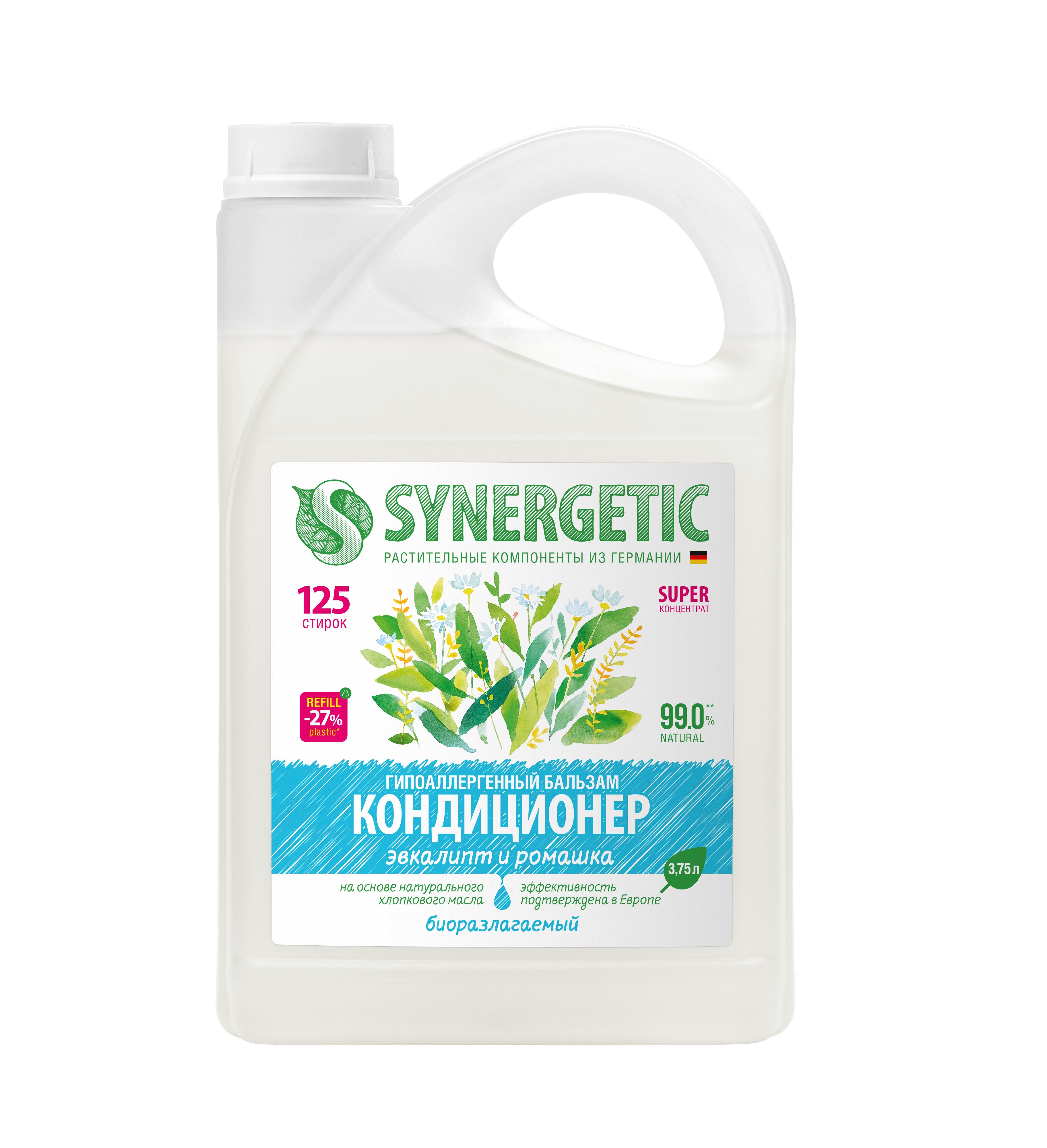 Кондиционер Synergetic, для белья Эвкалипт и ромашка гипоаллергенный, концентрированный, 3,75 л., канистра