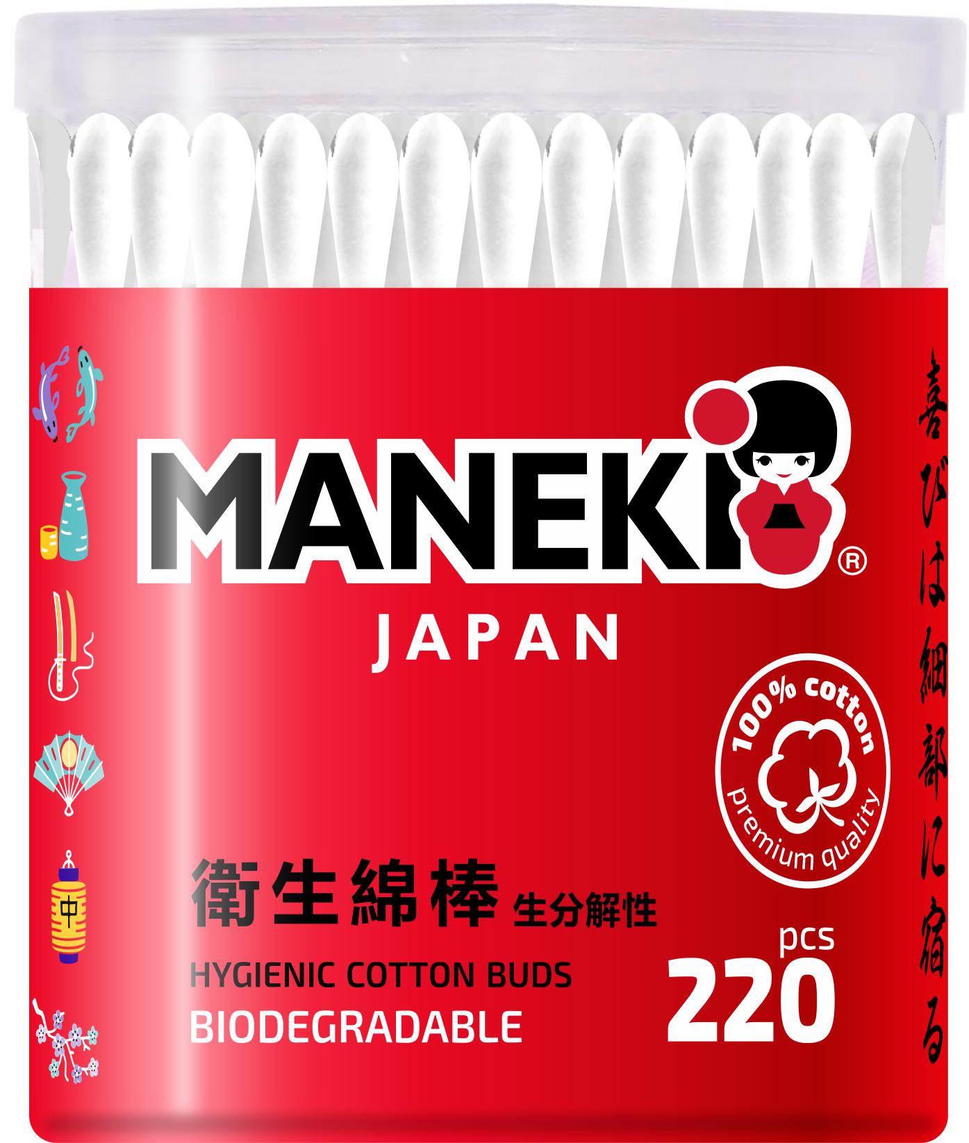 Палочки ватные гигиенические Maneki Red с белым бумажным стиком 220 шт., ПЭТ