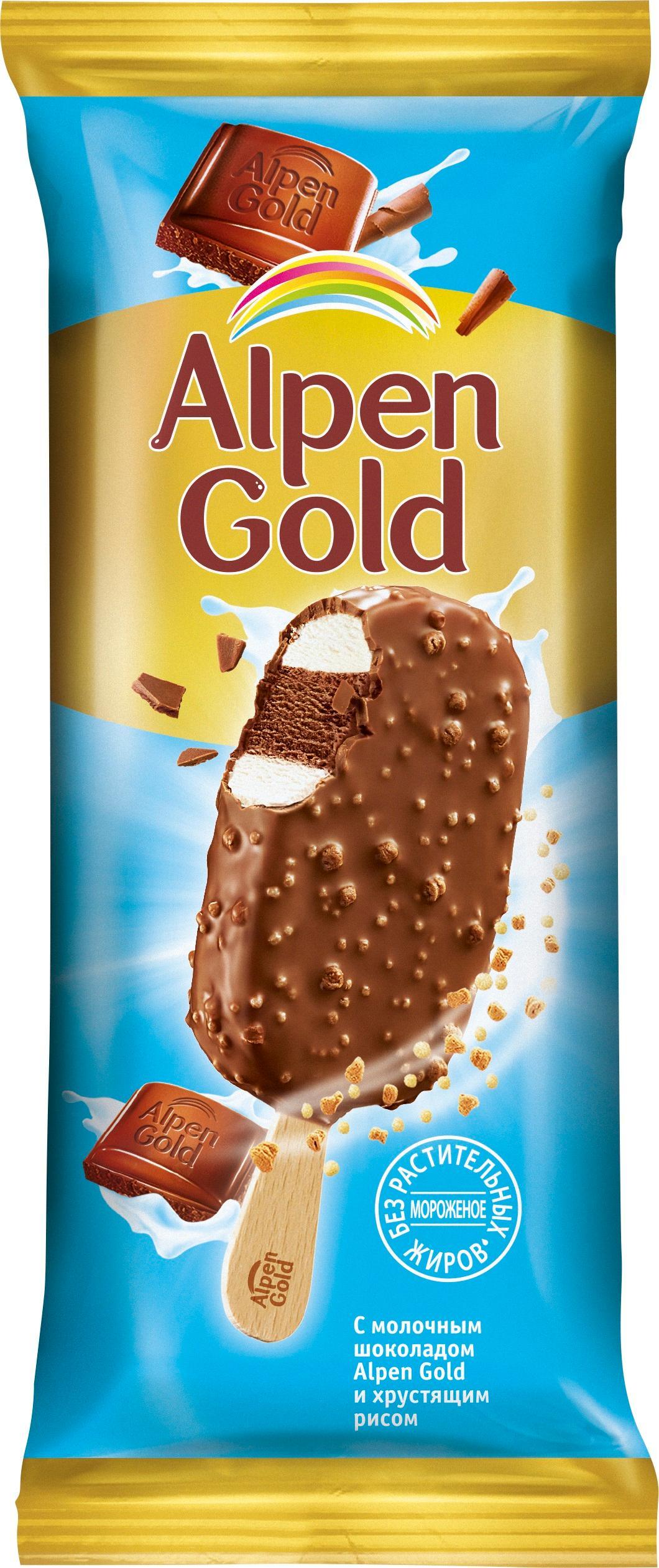 Мороженое эскимо Alpen Gold шоколад воздушный рис и соленое печенье 100 гр., флоу-пак