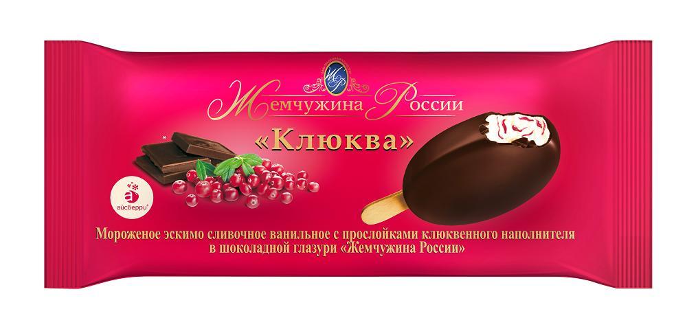 Мороженое пломбир Жемчужина России сливочное ванильное клюква в шоколадной глазури 80 гр., флоу-пак