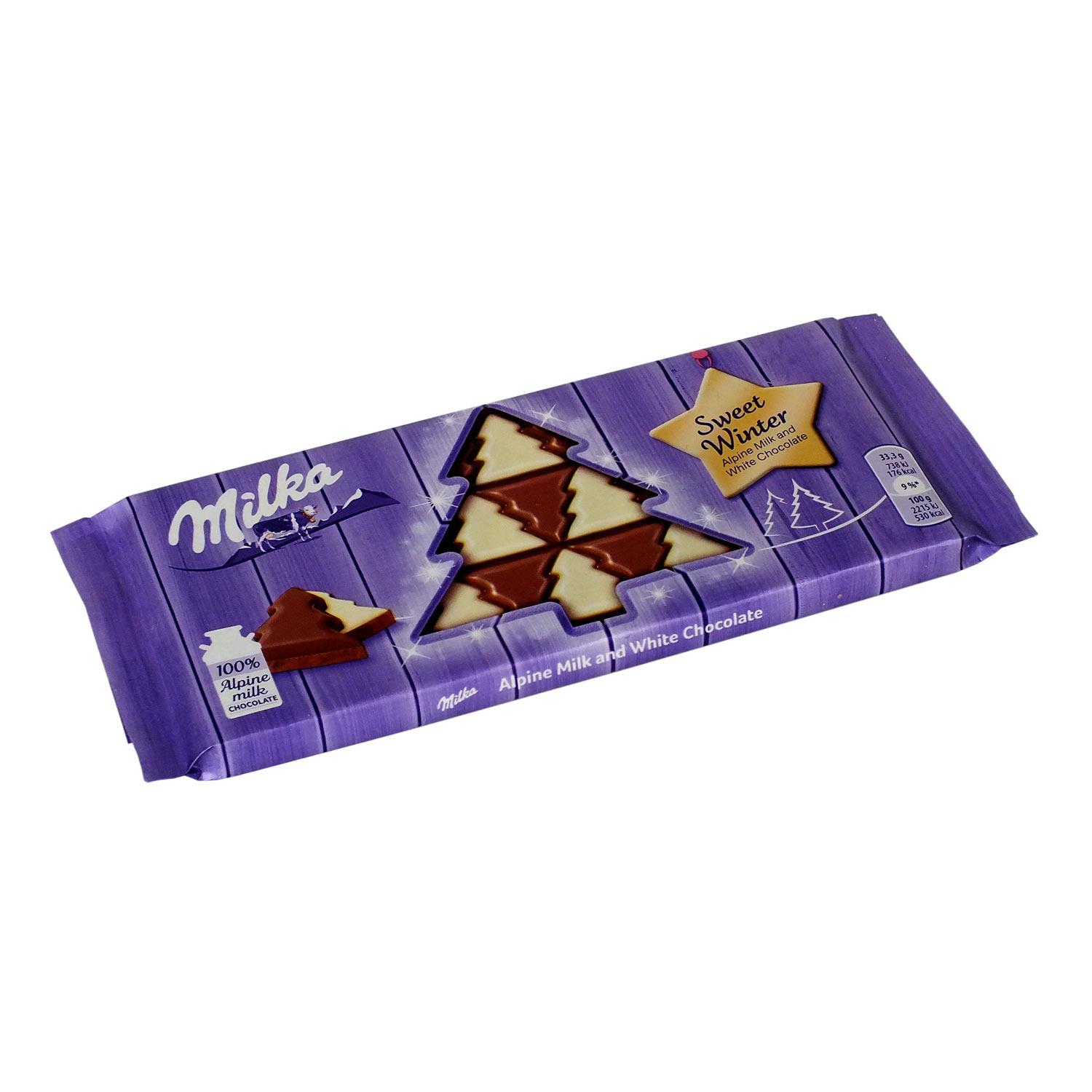 Шоколад Milka молочный с белым в виде елочек 100 гр., флоу-пак