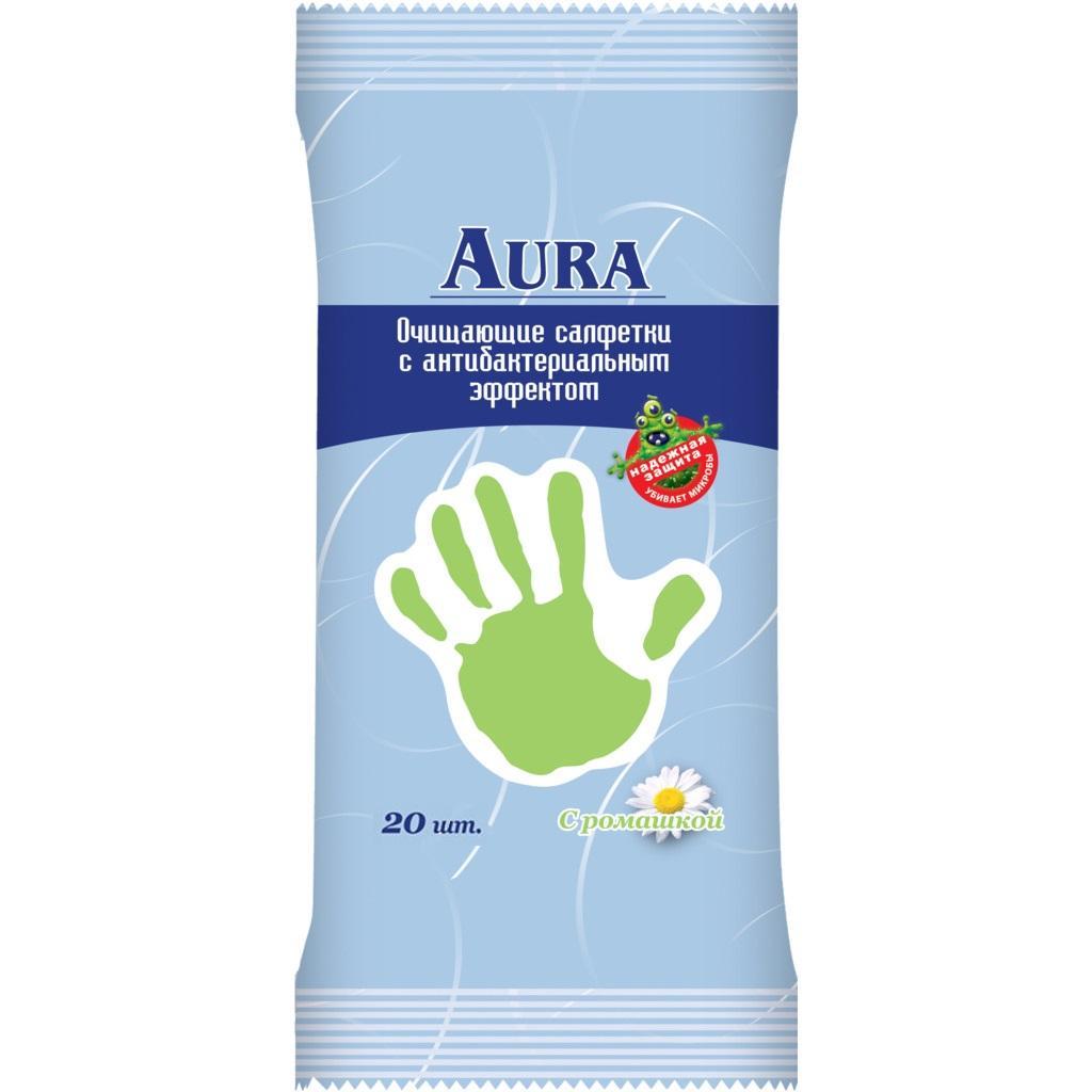Влажные салфетки Антибактериальные 20 шт., Aura, флоу-пак