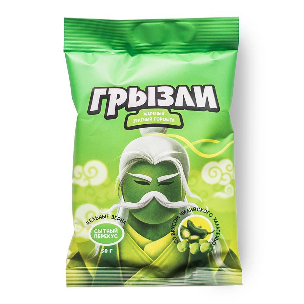 Горошек зеленый Грызли жареный со вкусом чилийского халапеньо 50 гр., флоу-пак