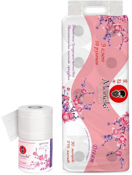 Туалетная бумага 3 слоя 214 л., 30 м., гладкая белая 10 рул., Maneki Dream, флоу-пак
