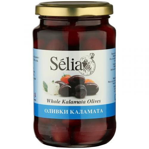 Оливки Каламата с косточками Selia, 370 гр., стекло