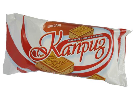 Мороженое пломбир Каприз шоколад с кусочками шоколадной глазури брикет на печенье 95 гр., флоу-пак