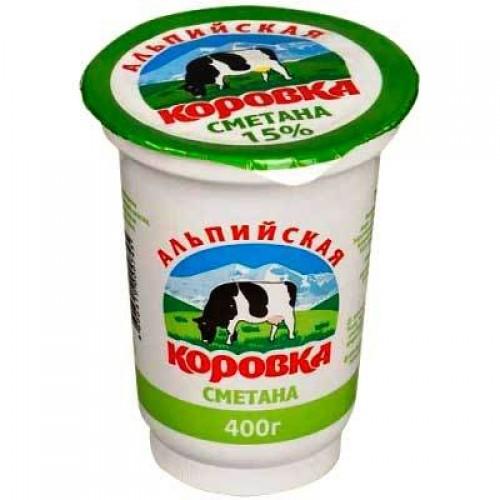 Сметана 15% Альпийская Коровка, 400 гр., стакан