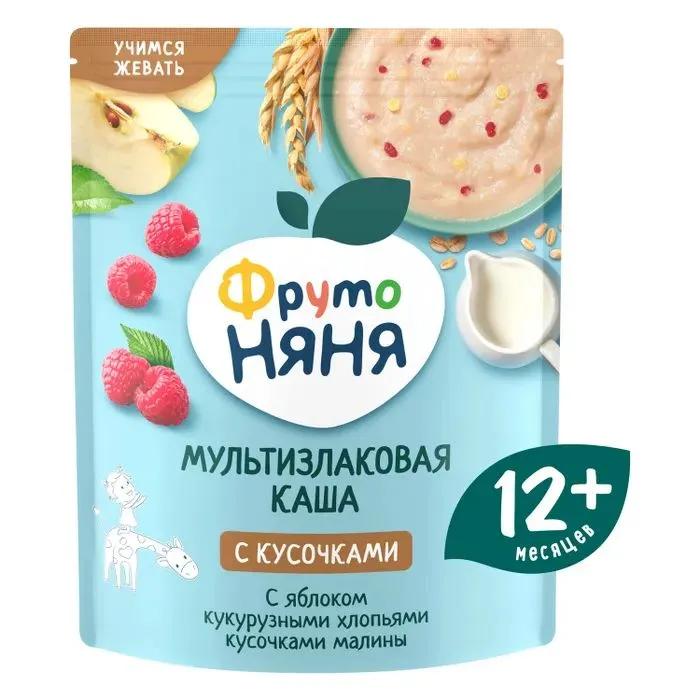 Kaша ФрутоНяня молочная мультизлаковая яблоко кукурузные хлопья малина 200 гр., дой-пак