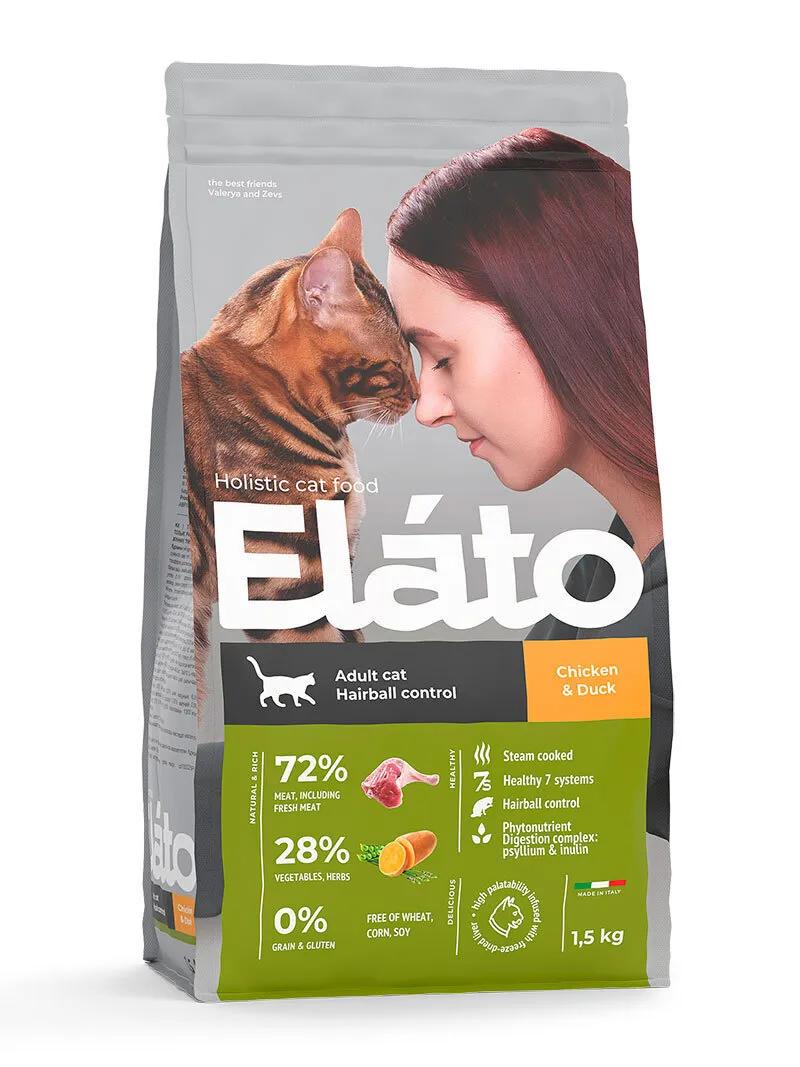 Корм для взрослых кошек Elato Holistic для выведения шерст с курицей и уткой 1,5 кг., дой-пак