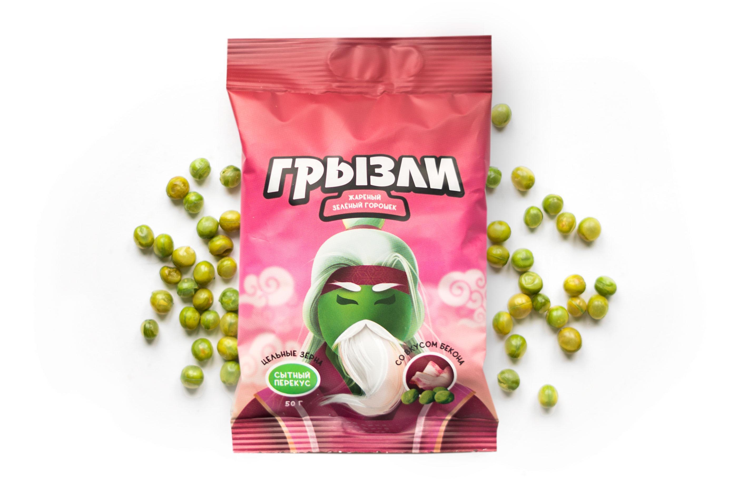 Горошек зеленый Грызли жареный со вкусом бекона 50 гр., флоу-пак
