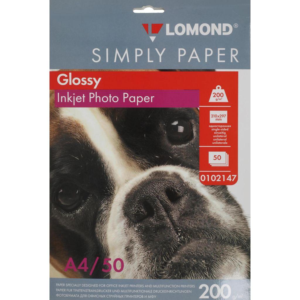 Фотобумага Lomond Simply, A4, для струйной печати, 50л, 200г/м2, белый, покрытие глянцевое [0102147]
