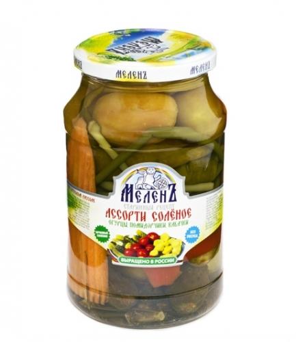 Ассорти Меленъ соленое огурцы, помидорчики, кабачки, 900 гр., стекло