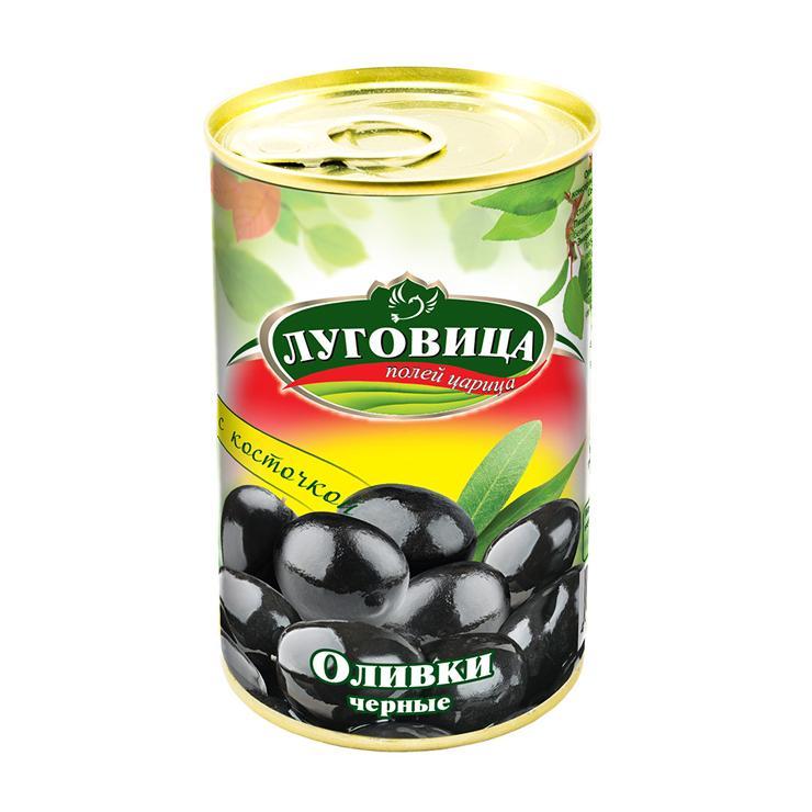 Маслины Луговица черные с костью 90 гр., ж/б