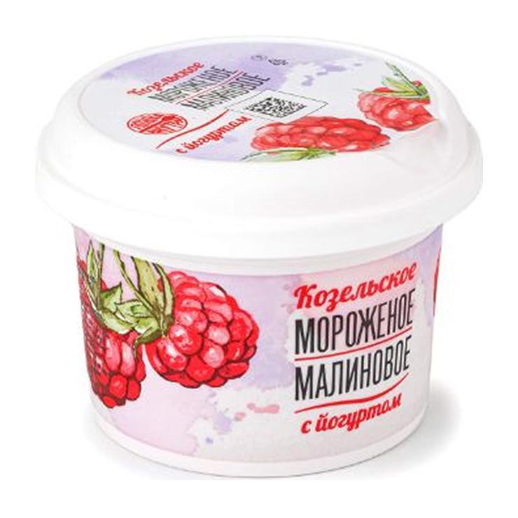 Мороженое пломбир Козельское сливочное с йогуртом и малиной 150 гр., пластиковый стакан
