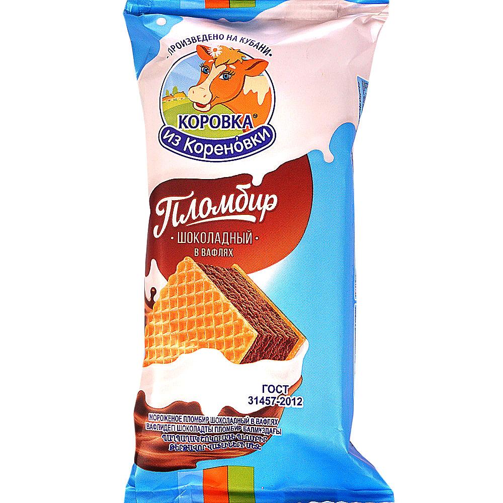 Мороженое пломбир Коровка из Кореновки шоколадное в вафлях 70 гр., флоу-пак