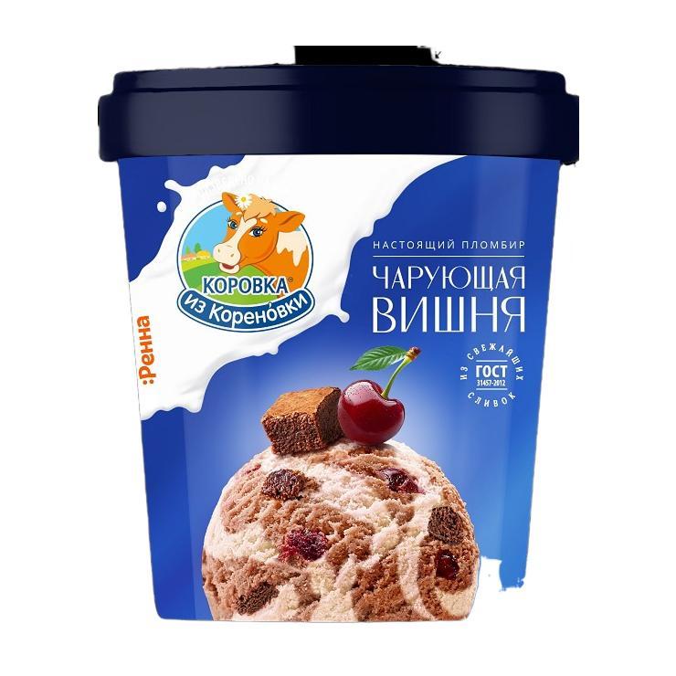 Мороженое пломбир Коровка из Кореновки чарующая вишня 15% бзмж 300 гр., пластиковое ведро