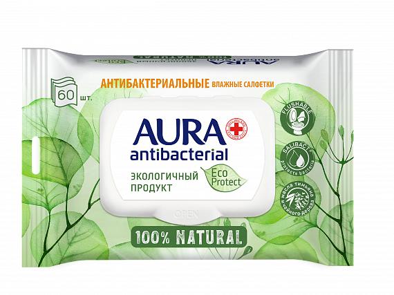 Салфетки Aura Antibacterial ECO Protect влажные антибактериальные 60 штук, флоу-пак