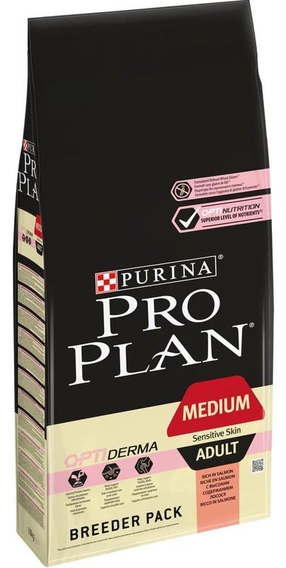 Корм для взрослых собак Purina, сухой Pro Plan для взрослых собак средних пород с чувствительной кожей, лосось и рис, 18 кг., дой-пак