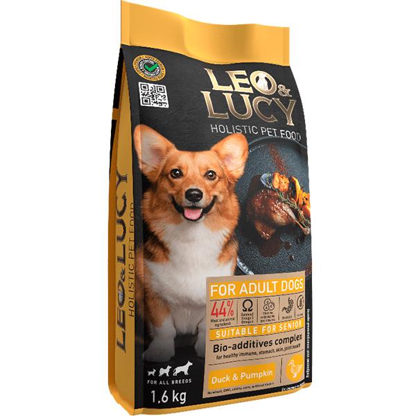 Корм LEO&LUCY холистик сухой корм для собак всех пород с уткой,тыквой и биодобавками, подходит пожилым, 1,6 кг., пакет