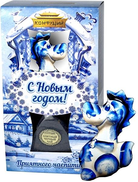 Чайный подарочный набор Конфуций Синее и белое черный и керамический гжель Дракон 50 гр., картон