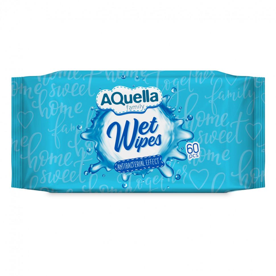 Влажные салфетки Антибактериальные 60 шт., Aquella Wet Wipes, 200 гр., пластиковая упаковка