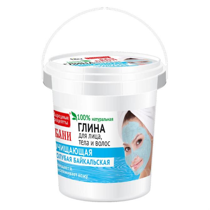 Глина косметическая для лица тела волос Fito косметик Народные рецепты голубая Байкальская для бани 155 мл., пластик