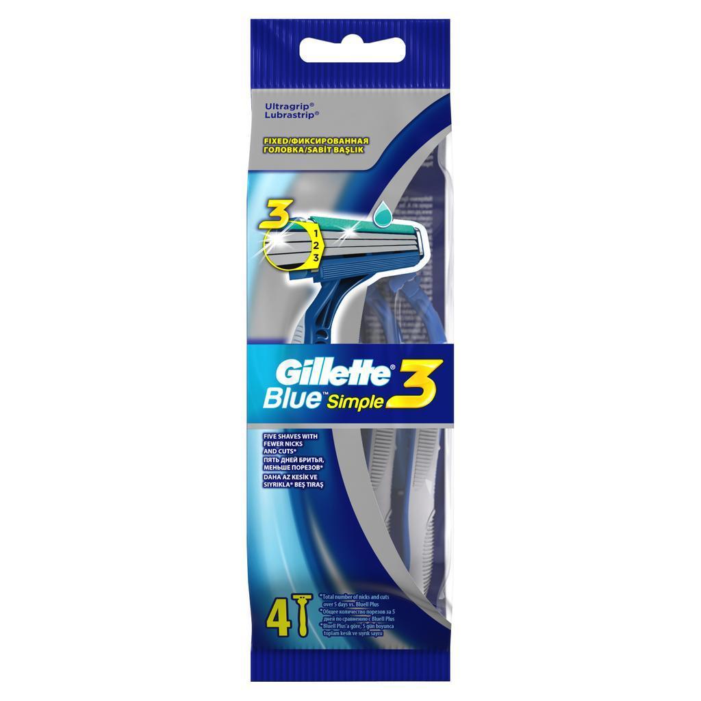 Бритвы одноразовые Gillette Blue Simple3 4 штуки, флоу-пак