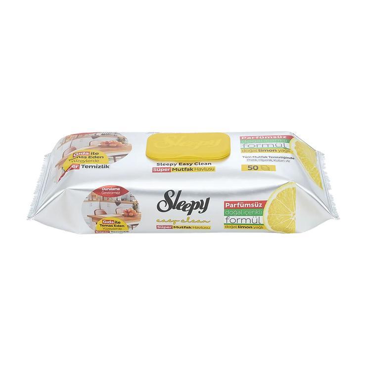 Влажные полотенца для уборки кухни Sleepy 50 штук с маслом лимона, флоу-пак