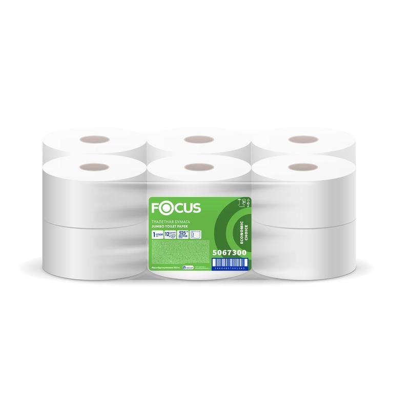 Бумага туалетная Focus Eco Jumbo для диспенсеров 525 м 1-слойная 12 рул/упак Россия 5067300 белая., флоу-пак