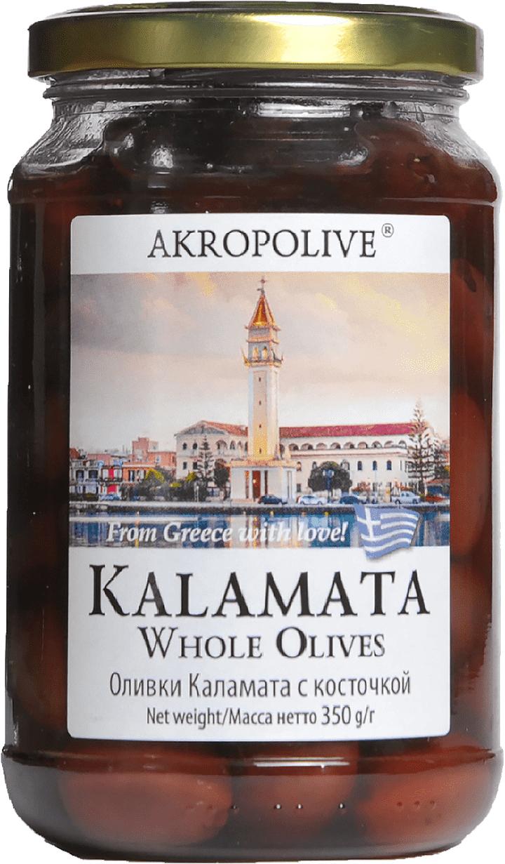 Оливки Каламата с косточкой Akropolive, 350 гр., стекло