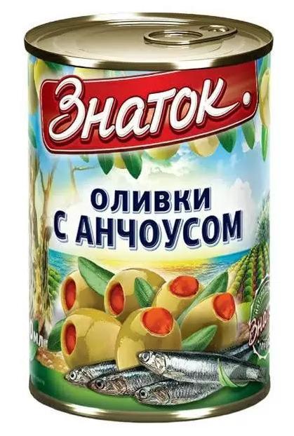 Оливки Знаток с анчоусом 280 гр., ж/б