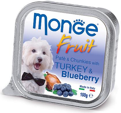 Консервы Monge Dog Fruit для собак индейка с черникой, 100 гр., ламистер