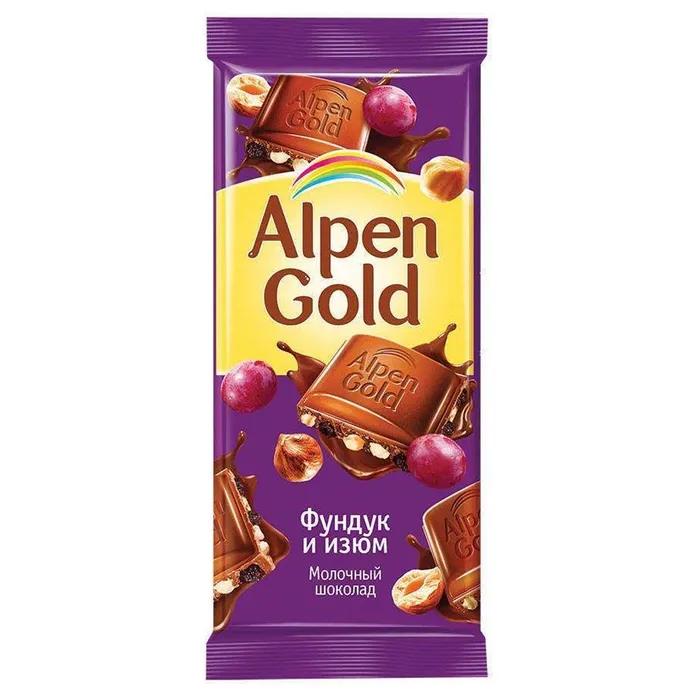 Шоколад Alpen Gold молочный с фундуком и изюмом 100 гр., флоу-пак