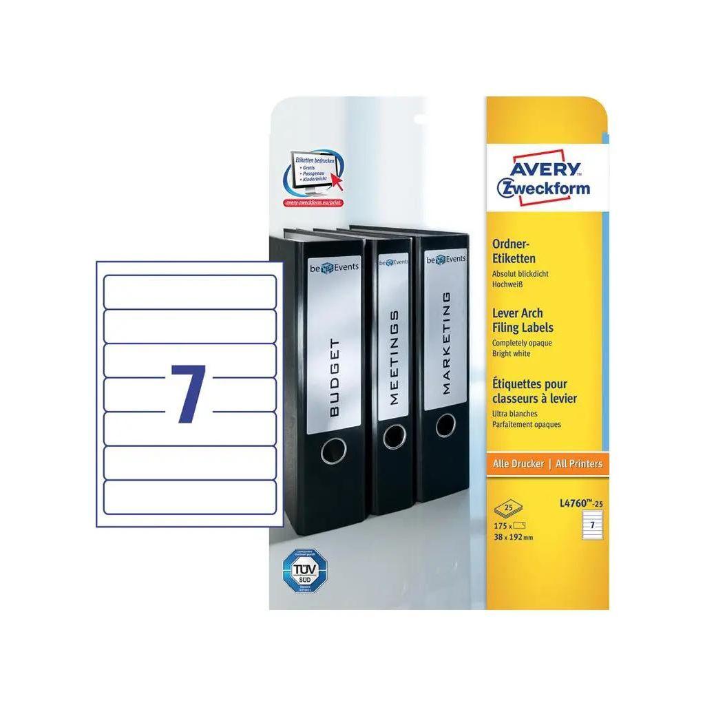 Этикетки Avery Zweckform L4760-25, A4, универсальная, 25л, 80г/м2, белый, 192мм х 38мм, 7шт