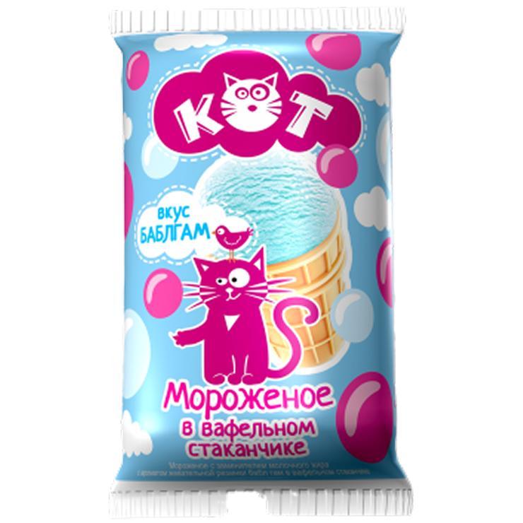 Мороженое пломбир Кот сливочное с ароматом бабл гам вафельный стакан 100 гр., флоу-пак