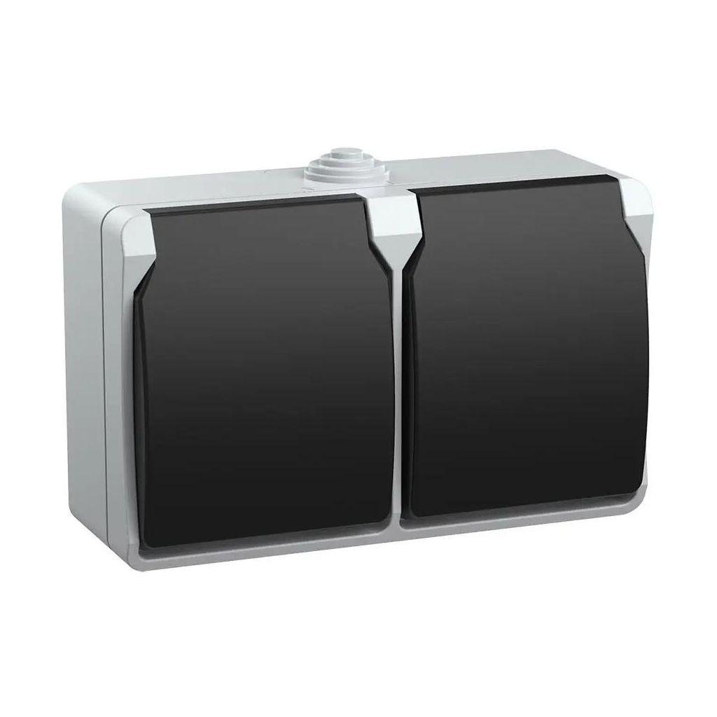 Розетка силовая IEK Форс двойная, 2 розетки, открытая, заземление, шторки, IP54, серый/черный [ers22-k03-16-54-dc]