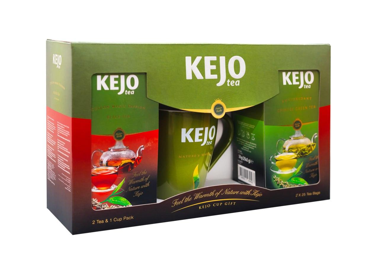 Чай набор Kejo tea зеленый чай 25 пакетиков и черный чай 25 пакетиков с кружкой 100 гр., картон