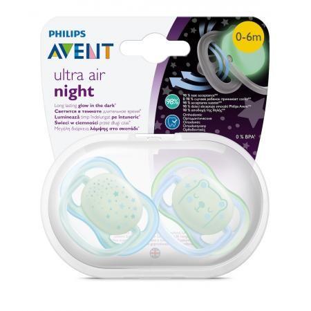 Пустышка Philips Avent ultra air ночная 0–6мес голубые, блистер