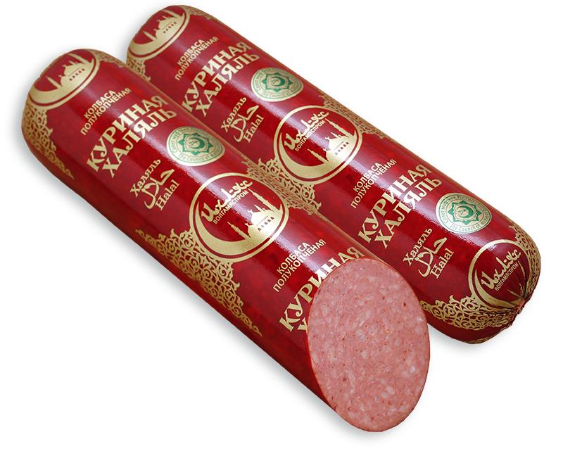 Колбаса полукопченная Ихляс мясокомбинат куриная халяль 390 гр., оболочка