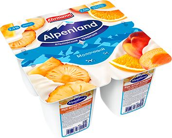 Продукт йогуртный пастеризованный 2,5% Ананас/Нектарин-Апельсин, 4 шт., Alpenland, 95 гр, ПЭТ