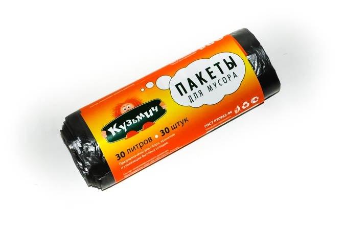 Пакеты для мусора Кузьмич черные 30 л. 30 шт., обертка
