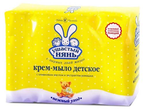 Крем-мыло детское Ушастый Нянь туалетное 4 штуки с оливковым маслом и экстрактом ромашки 400 гр., ПЭТ