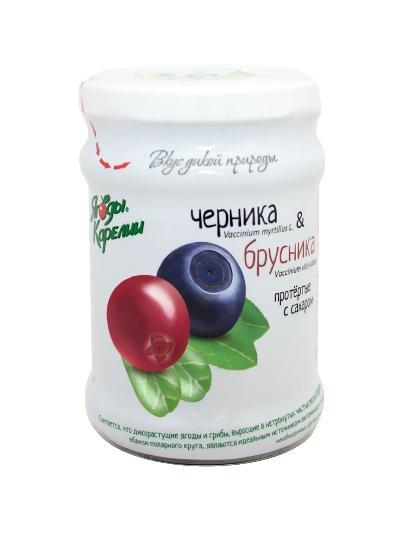 Ягоды Ягоды Карелии протертые с сахаром Черника и Брусника , 280 гр, стекло